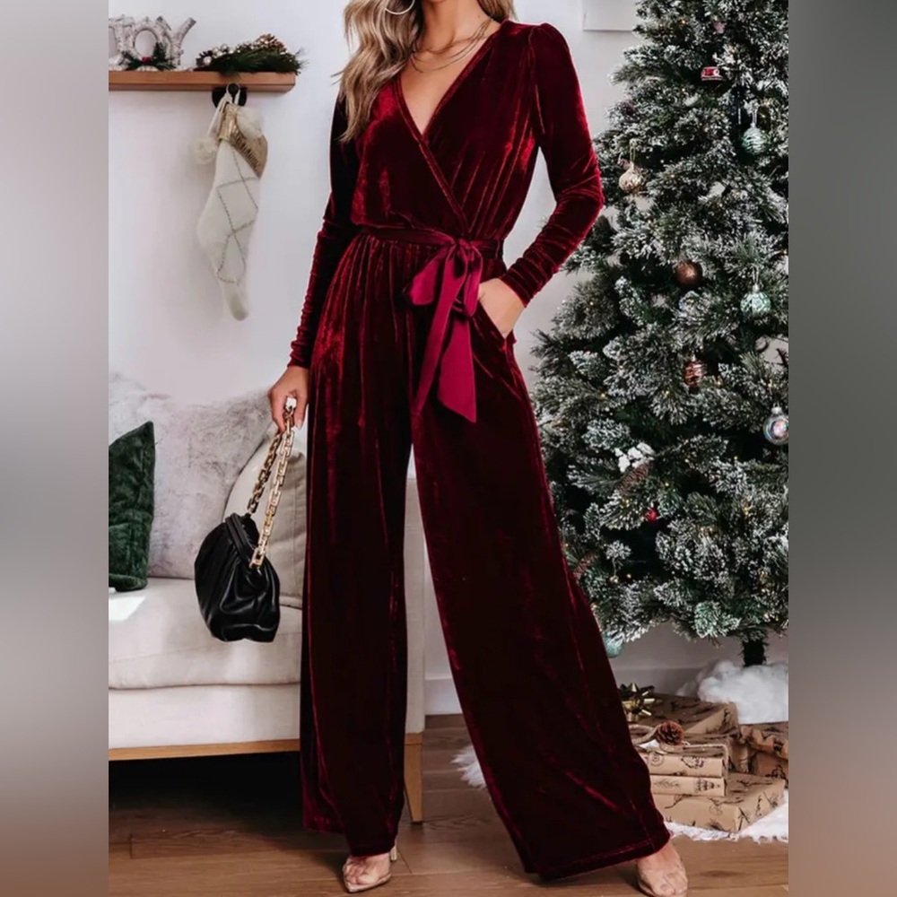 Flying Tomato Women's Velvet Wide Leg Jumpsuit in Burgundy